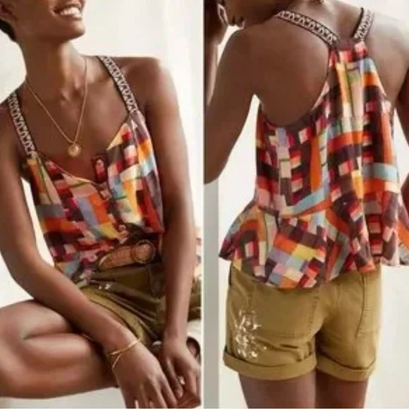Anthropologie Pilcro Bright Colorful Geometric Racerback Top Peplum Sz M Buttons - Picture 2 of 13